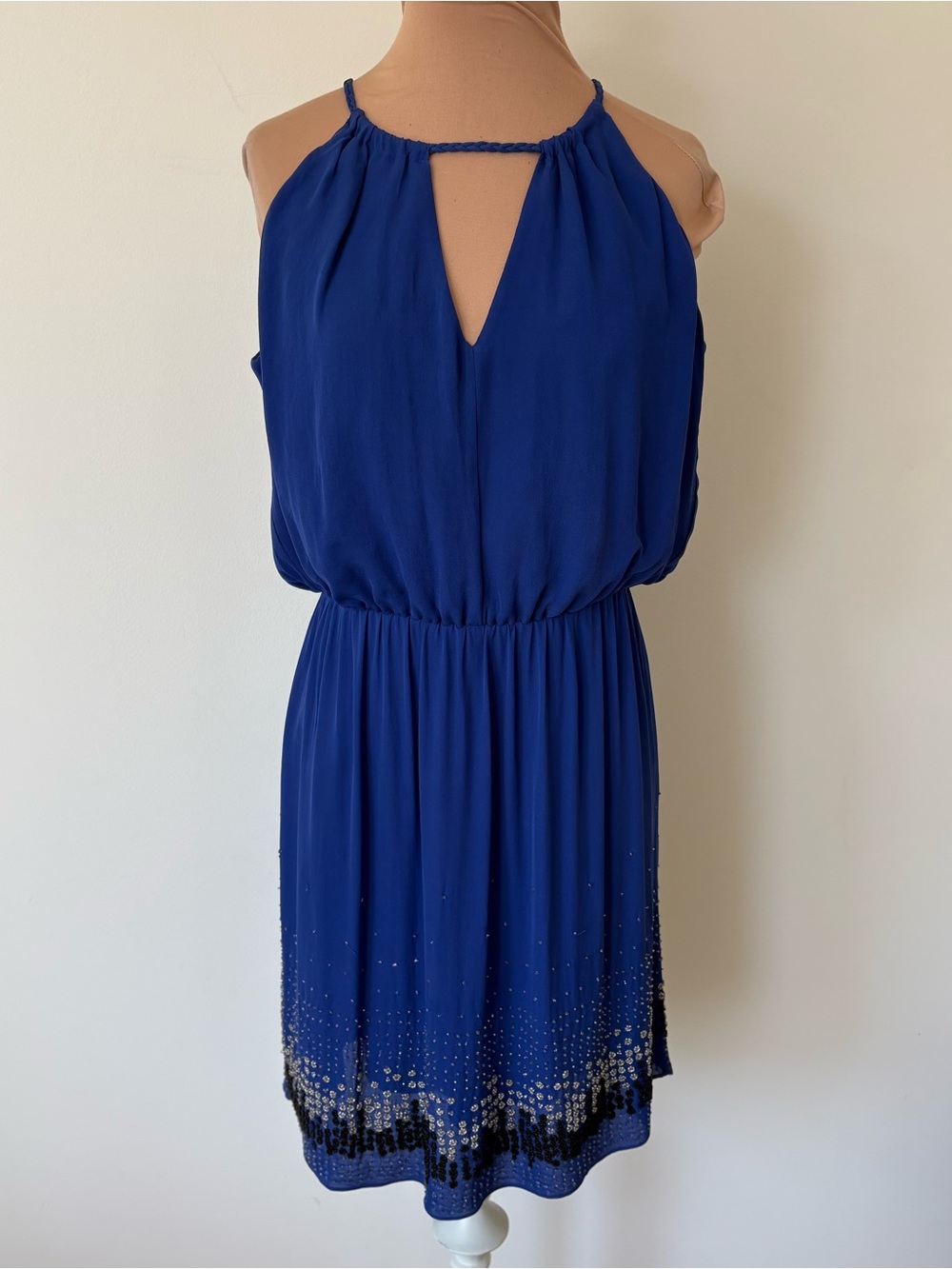 Parker Blue Silk Bead Embellished Keyhole Neck Blouson Mini Dress Size Medium